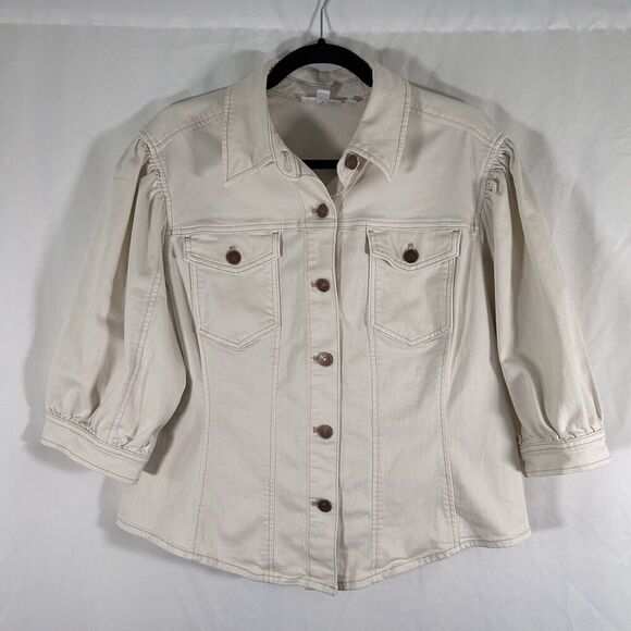 Chico's Jacket Women's Large Off White Button Up Pockets Cotton Blend - Picture 1 of 9